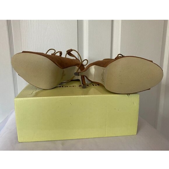 CHASE & CHLOE "Edward" BROWN Suede Peep toe Lace -Up Booties Heels Shoes *8 M* - Picture 3 of 6